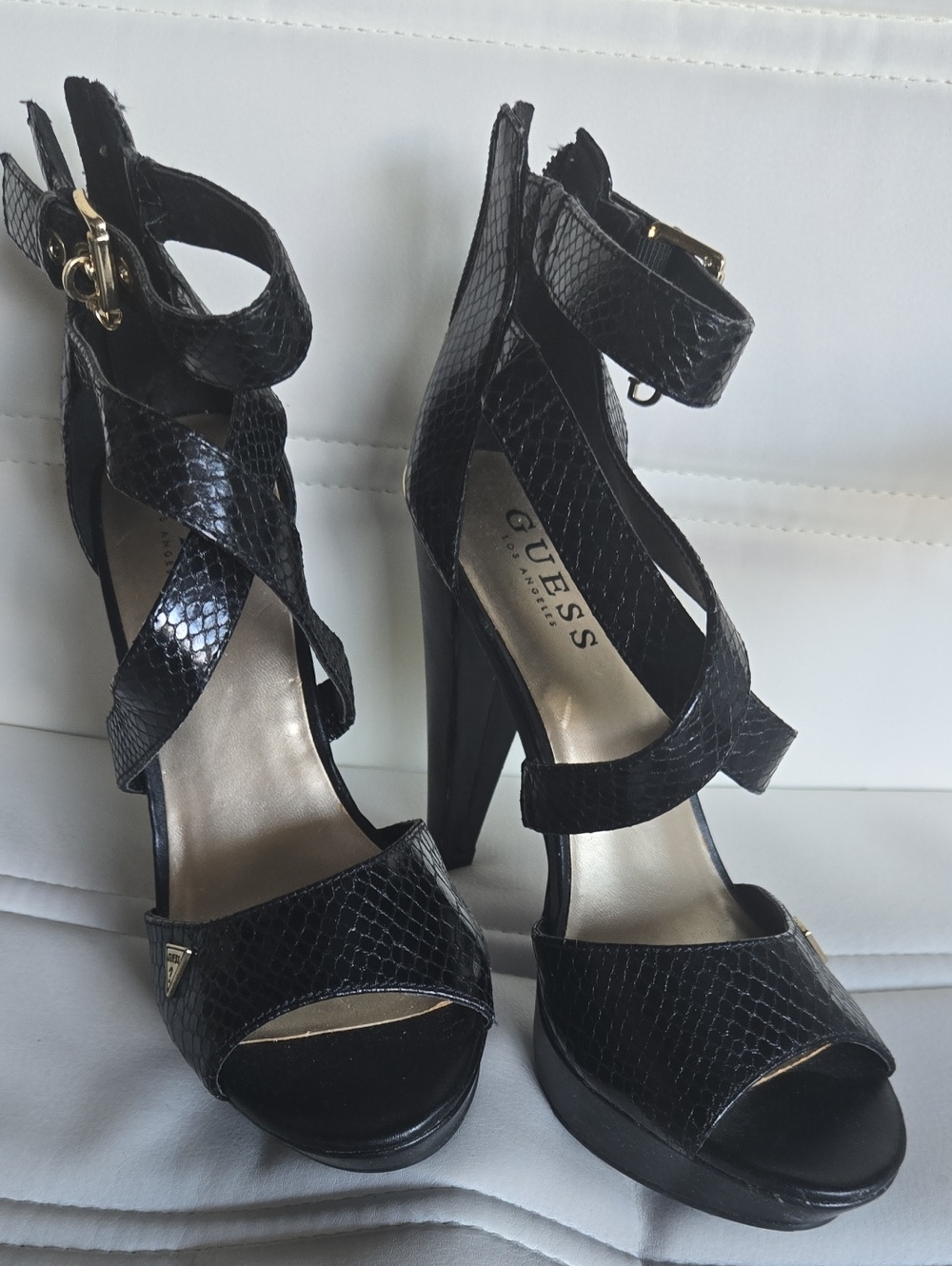 GUESS Black Snake-Texture Strappy High Heel Sandals
